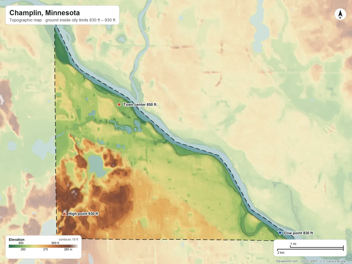 Topographic elevation map of Champlin, Minnesota, shaded from 830 ft on the southeast side to 930 ft on the southwest side