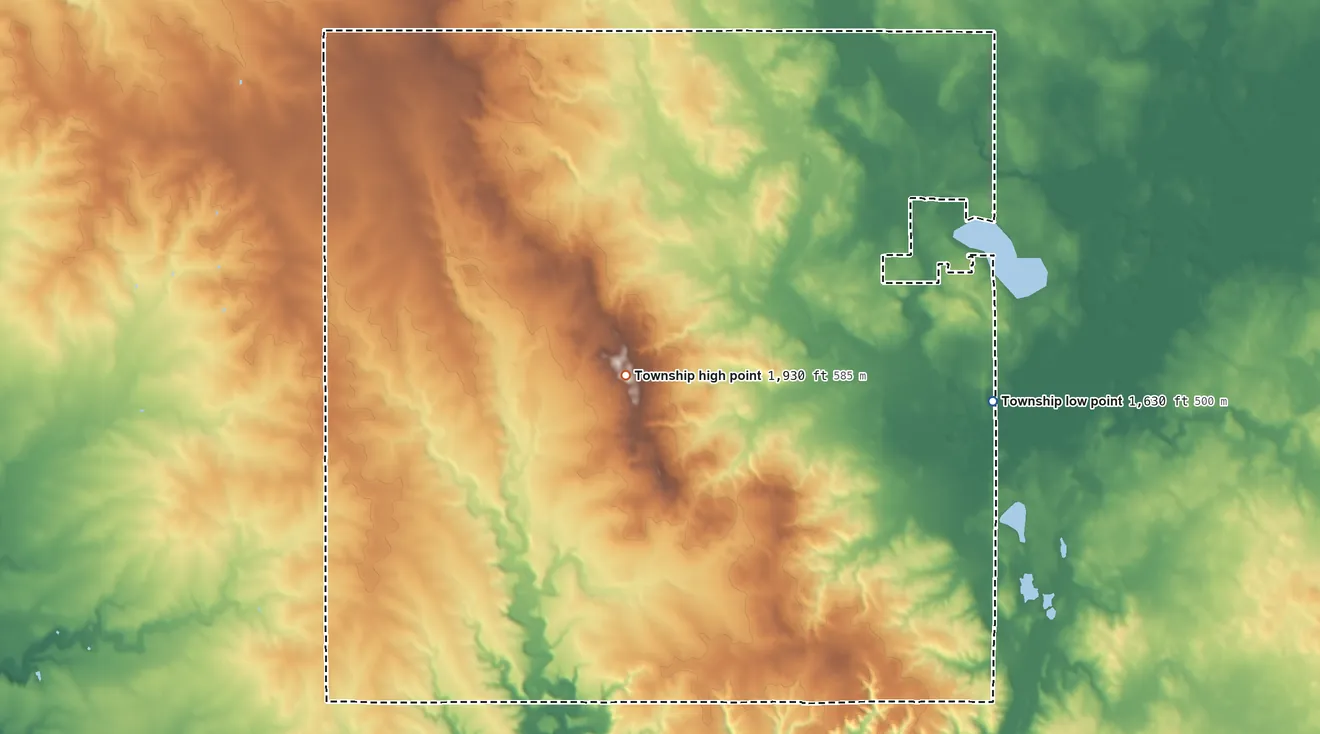 Topographic elevation map of Chanarambie Township, Minnesota, shaded from 1,630 ft on the east side to 1,930 ft near the middle