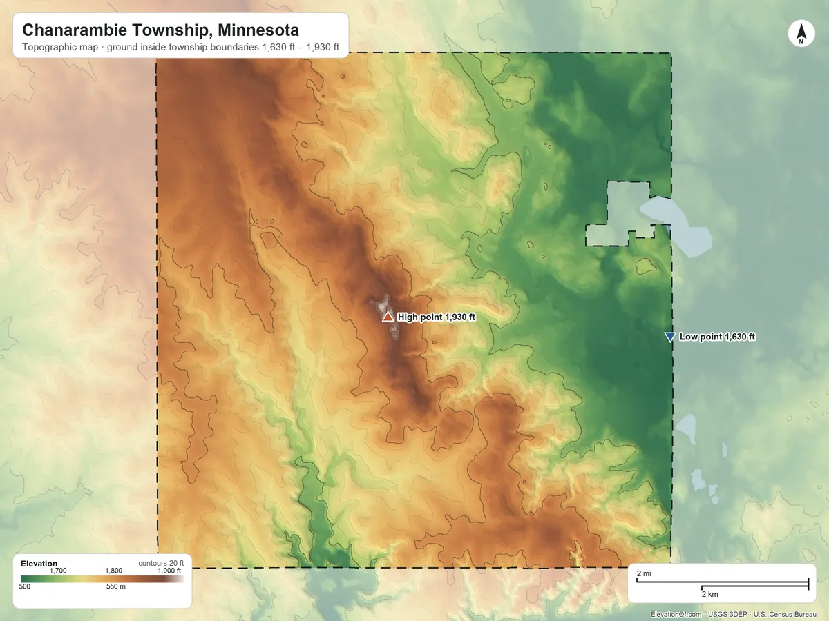 Topographic elevation map of Chanarambie Township, Minnesota, shaded from 1,630 ft on the east side to 1,930 ft near the middle