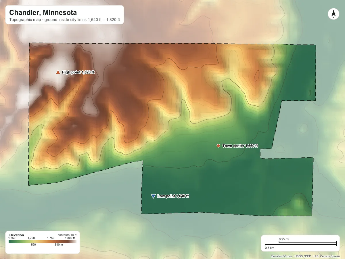 Topographic elevation map of Chandler, Minnesota, shaded from 1,640 ft on the southwest side to 1,820 ft on the northwest side