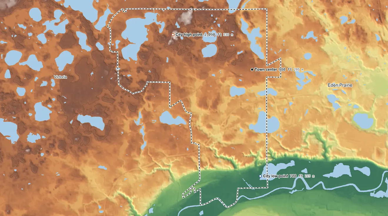 Topographic elevation map of Chanhassen, Minnesota, shaded from 700 ft on the south side to 1,090 ft on the northwest side