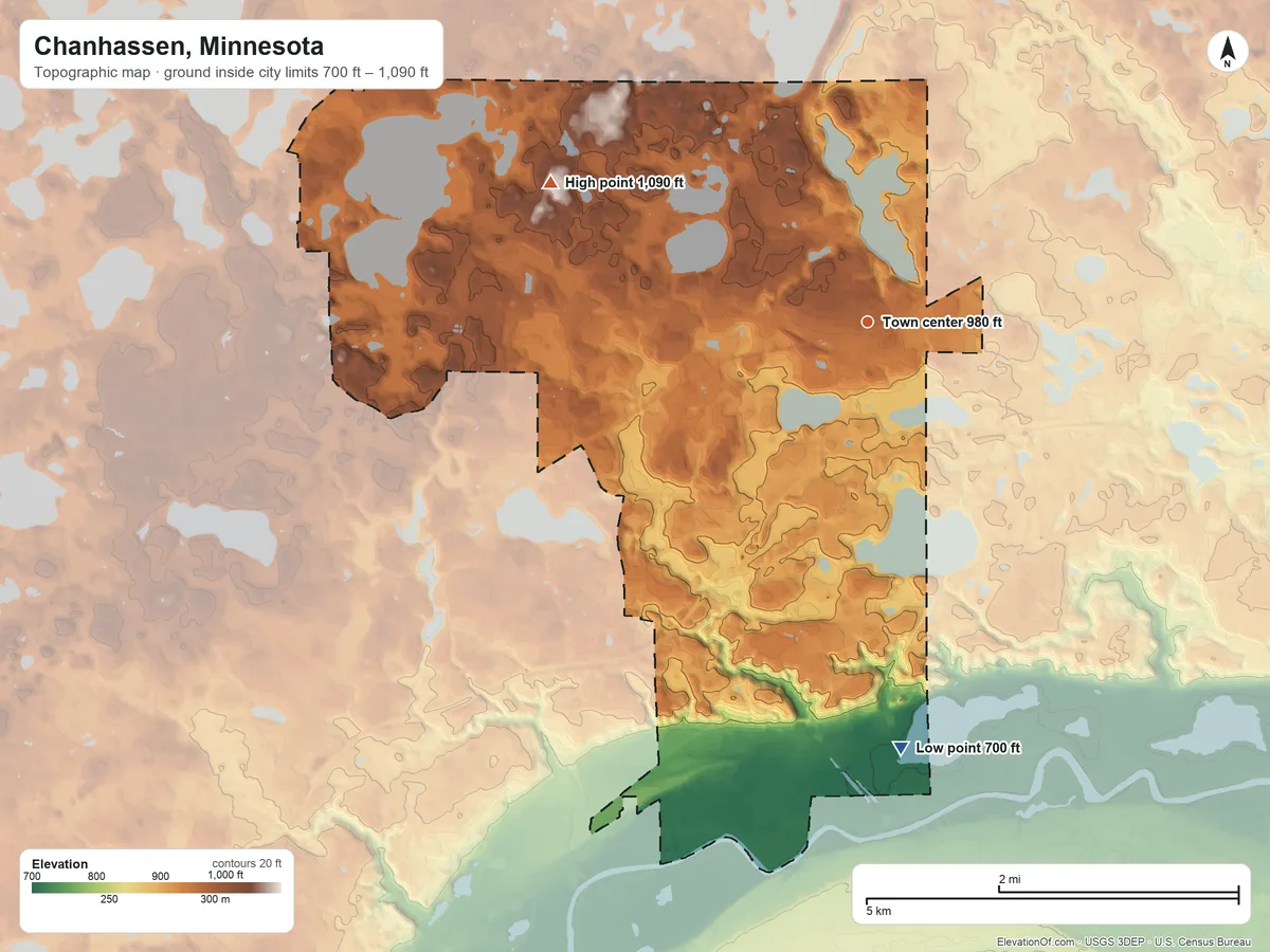 Topographic elevation map of Chanhassen, Minnesota, shaded from 700 ft on the south side to 1,090 ft on the northwest side