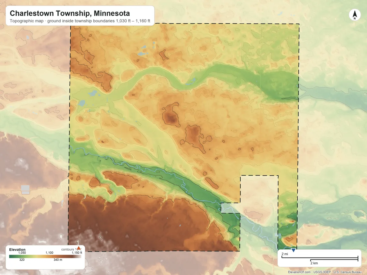 Topographic elevation map of Charlestown Township, Minnesota, shaded from 1,030 ft on the southeast side to 1,160 ft on the southwest side