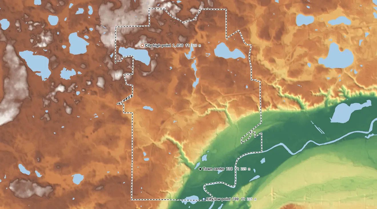 Topographic elevation map of Chaska, Minnesota, shaded from 700 ft on the south side to 1,050 ft on the northwest side