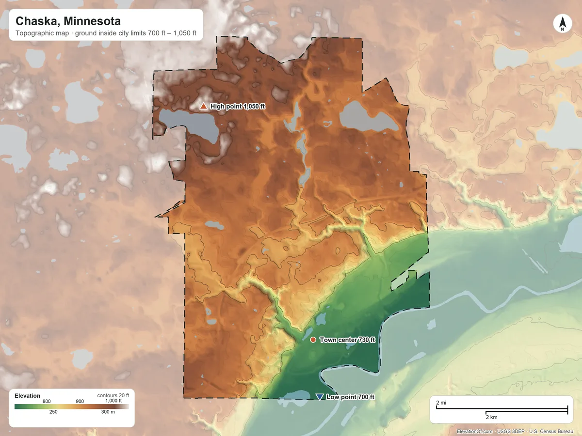 Topographic elevation map of Chaska, Minnesota, shaded from 700 ft on the south side to 1,050 ft on the northwest side