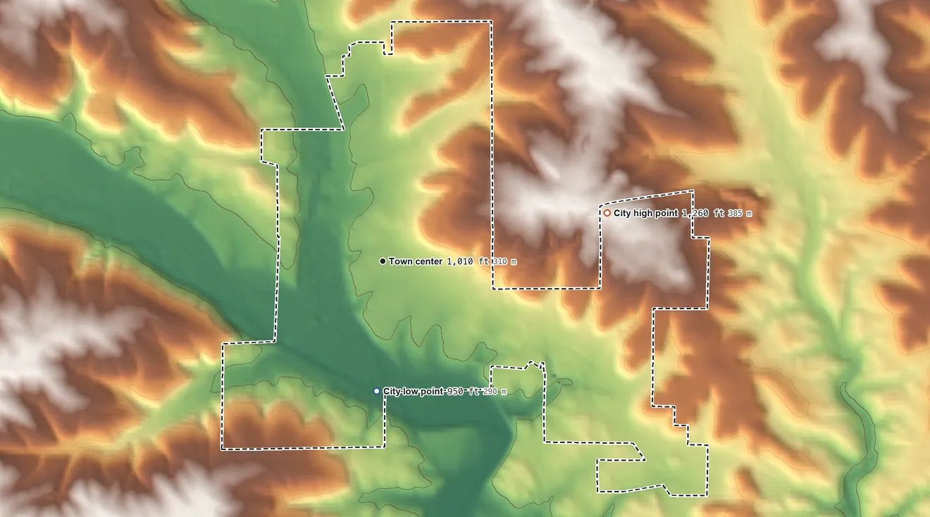 Topographic elevation map of Chatfield, Minnesota, shaded from 950 ft on the south side to 1,260 ft on the east side