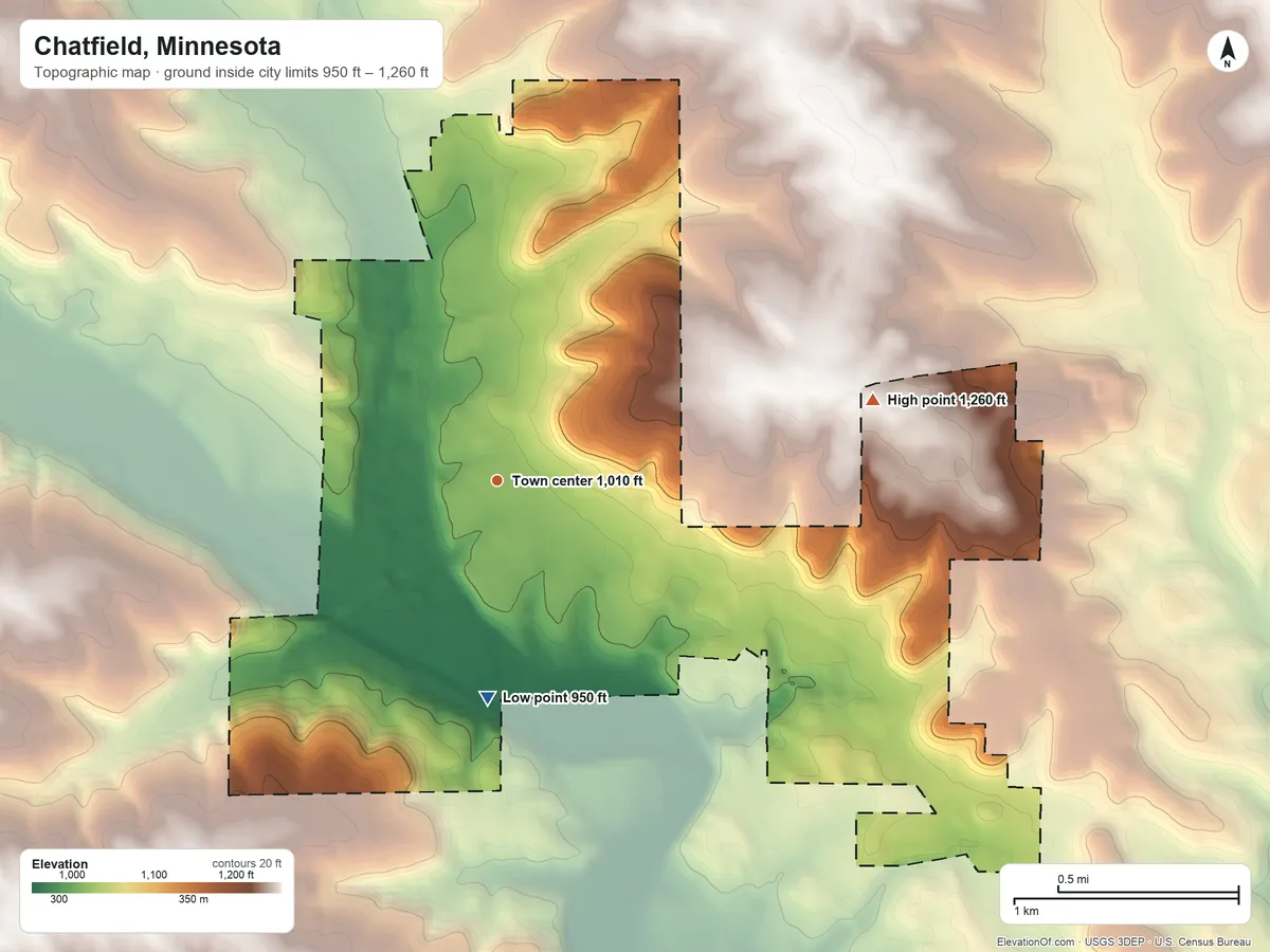 Topographic elevation map of Chatfield, Minnesota, shaded from 950 ft on the south side to 1,260 ft on the east side