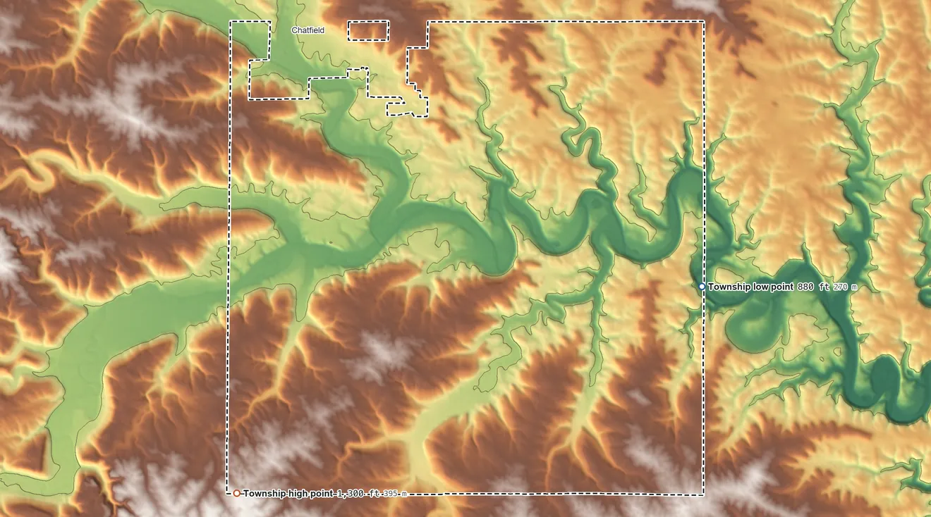 Topographic elevation map of Chatfield Township, Minnesota, shaded from 880 ft on the east side to 1,300 ft on the southwest side