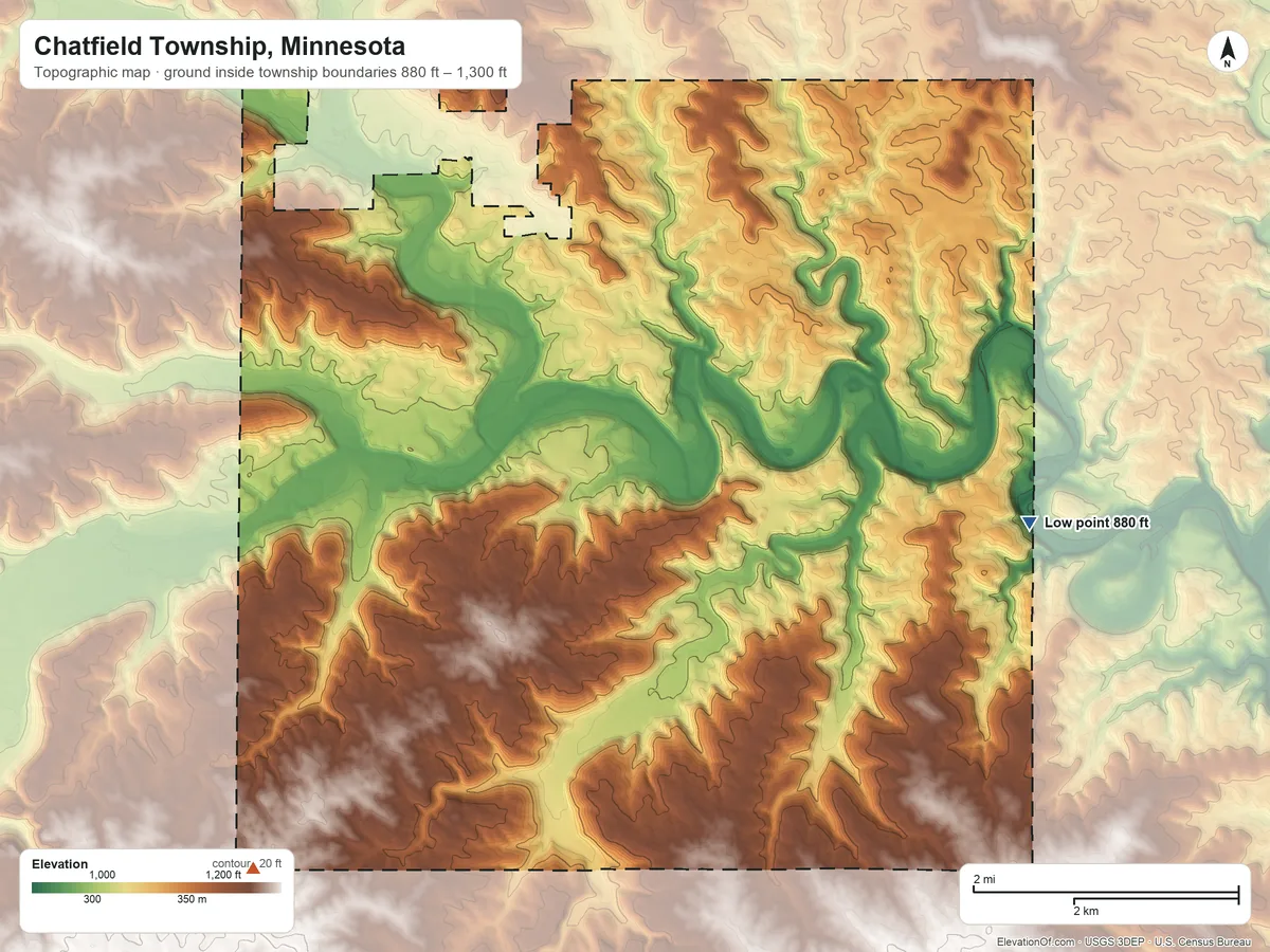 Topographic elevation map of Chatfield Township, Minnesota, shaded from 880 ft on the east side to 1,300 ft on the southwest side