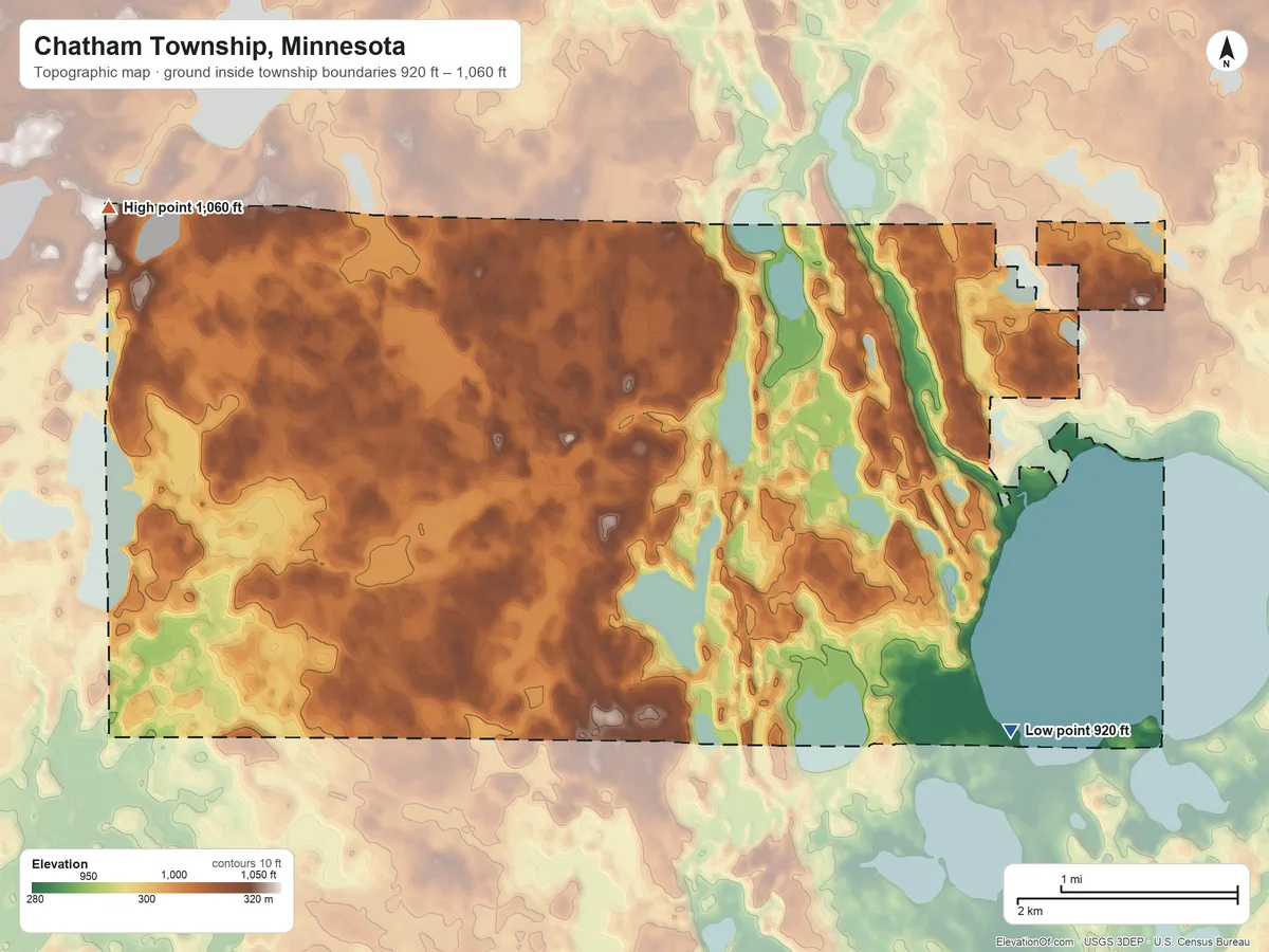Topographic elevation map of Chatham Township, Minnesota, shaded from 920 ft on the southeast side to 1,060 ft on the west side