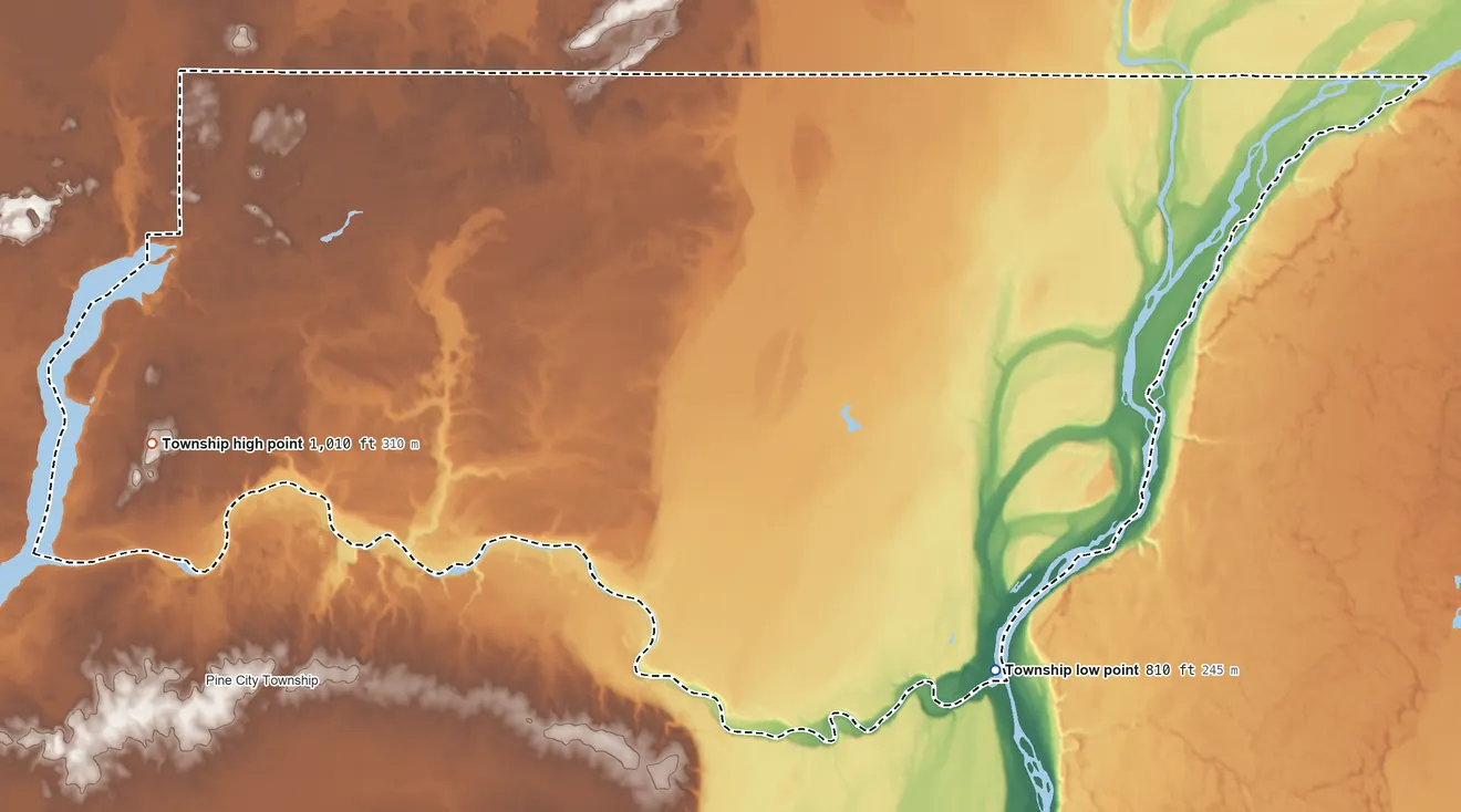 Topographic elevation map of Chengwatana Township, Minnesota, shaded from 810 ft on the southeast side to 1,010 ft on the southwest side