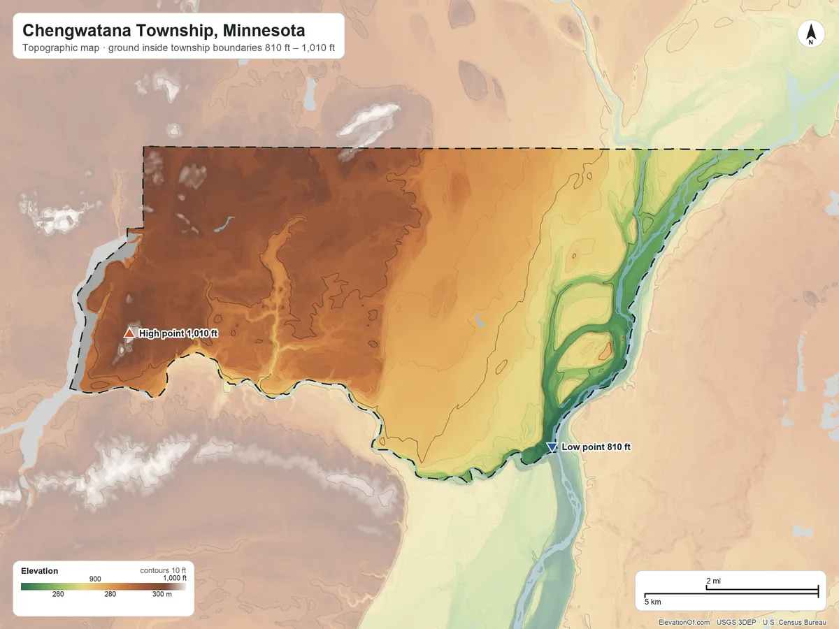 Topographic elevation map of Chengwatana Township, Minnesota, shaded from 810 ft on the southeast side to 1,010 ft on the southwest side