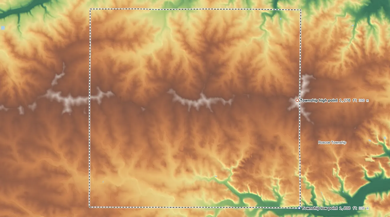 Topographic elevation map of Cherry Grove Township, Minnesota, shaded from 1,080 ft on the southeast side to 1,270 ft on the east side