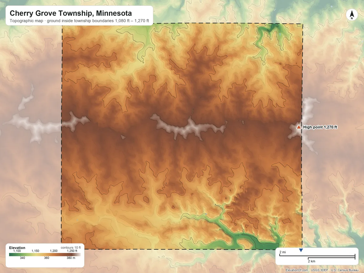 Topographic elevation map of Cherry Grove Township, Minnesota, shaded from 1,080 ft on the southeast side to 1,270 ft on the east side