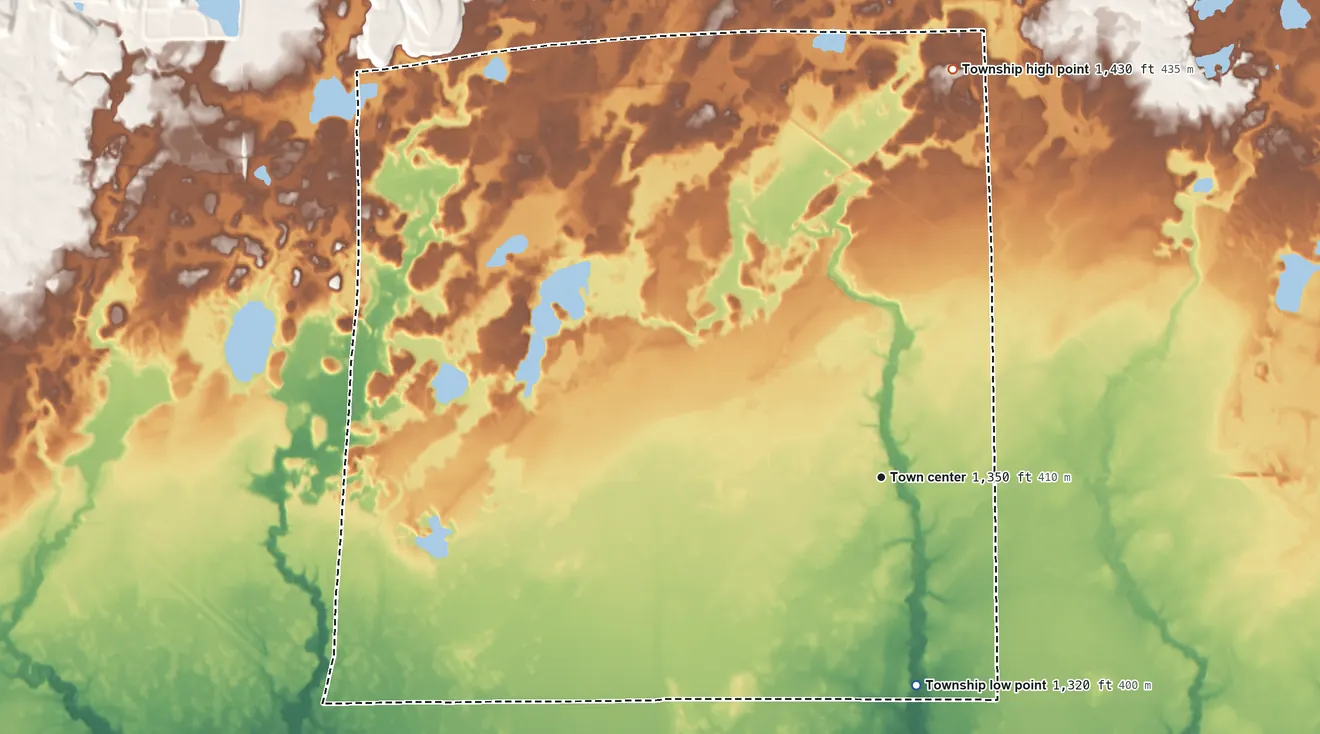 Topographic elevation map of Cherry Township, Minnesota, shaded from 1,320 ft on the south side to 1,430 ft on the north side