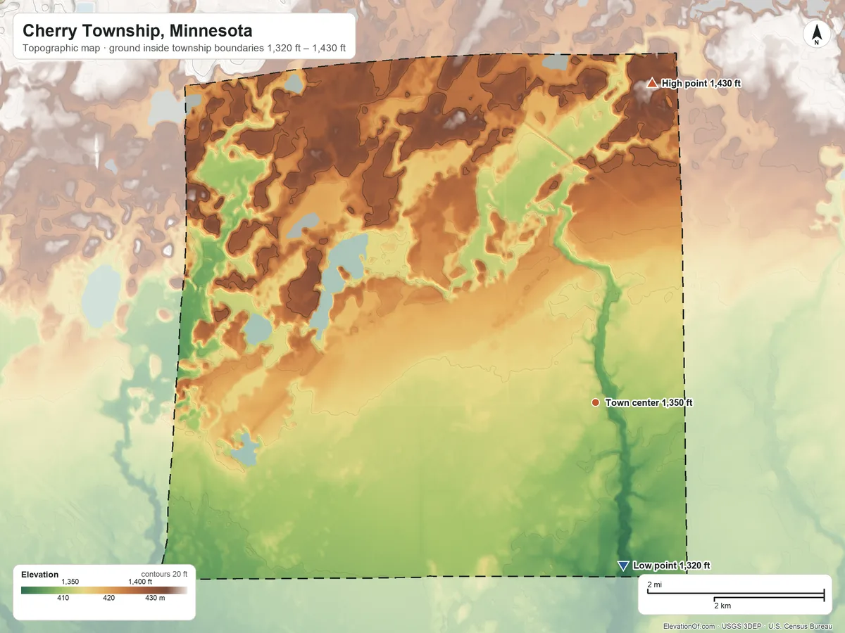 Topographic elevation map of Cherry Township, Minnesota, shaded from 1,320 ft on the south side to 1,430 ft on the north side