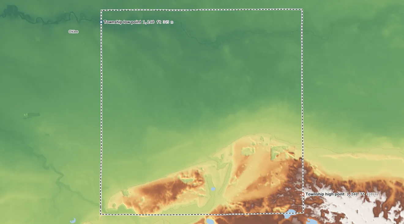 Topographic elevation map of Chester Township, Polk County, Minnesota, shaded from 1,140 ft on the northwest side to 1,340 ft on the southeast side