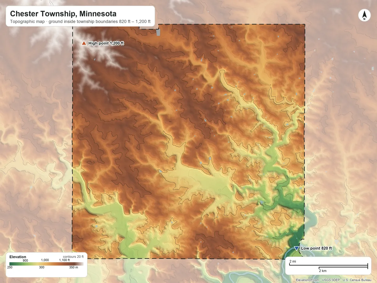 Topographic elevation map of Chester Township, Minnesota, shaded from 820 ft on the southeast side to 1,200 ft on the northwest side