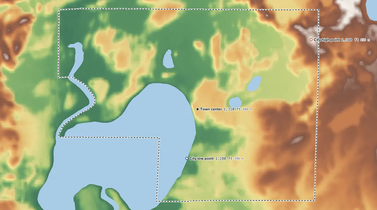 Topographic elevation map of Chickamaw Beach, Minnesota, shaded from 1,280 ft on the south side to 1,340 ft on the northeast side
