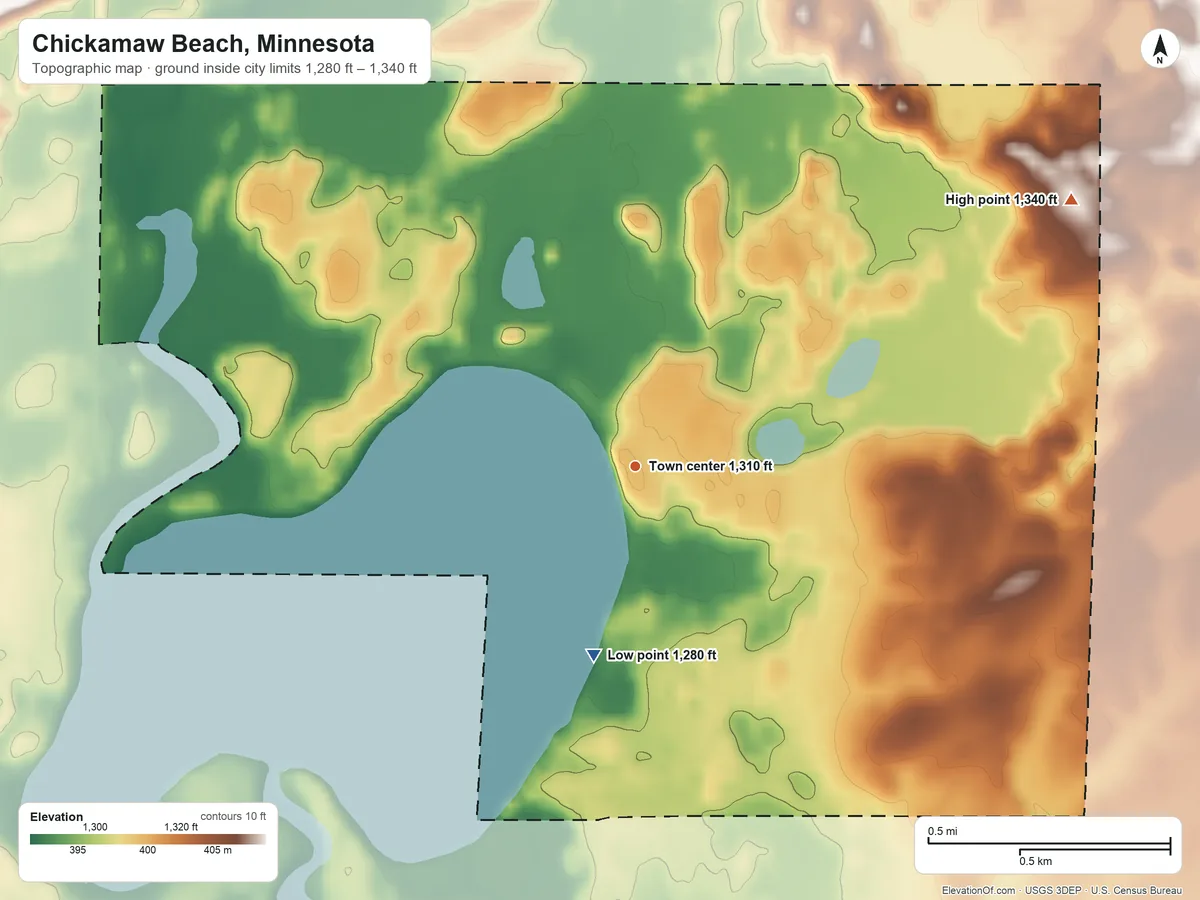 Topographic elevation map of Chickamaw Beach, Minnesota, shaded from 1,280 ft on the south side to 1,340 ft on the northeast side