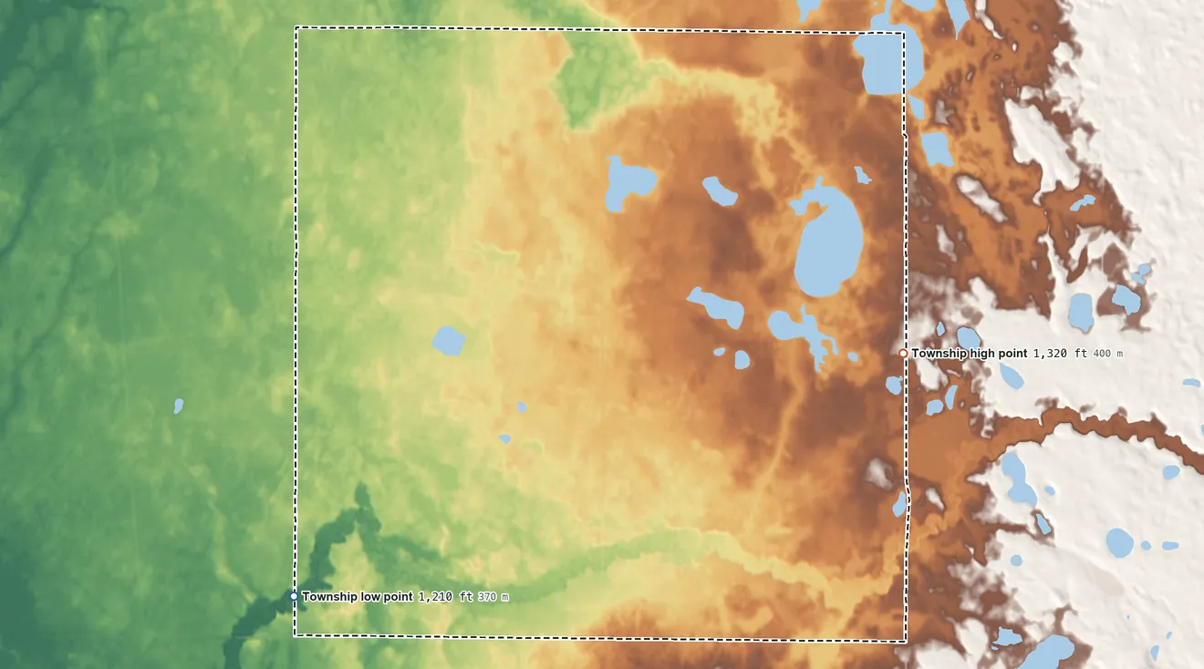 Topographic elevation map of Chief Township, Minnesota, shaded from 1,210 ft on the west side to 1,320 ft on the northeast side