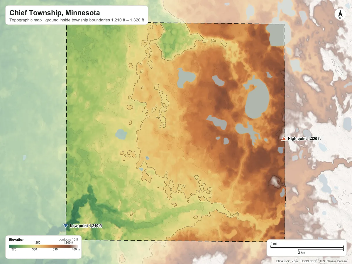 Topographic elevation map of Chief Township, Minnesota, shaded from 1,210 ft on the west side to 1,320 ft on the northeast side