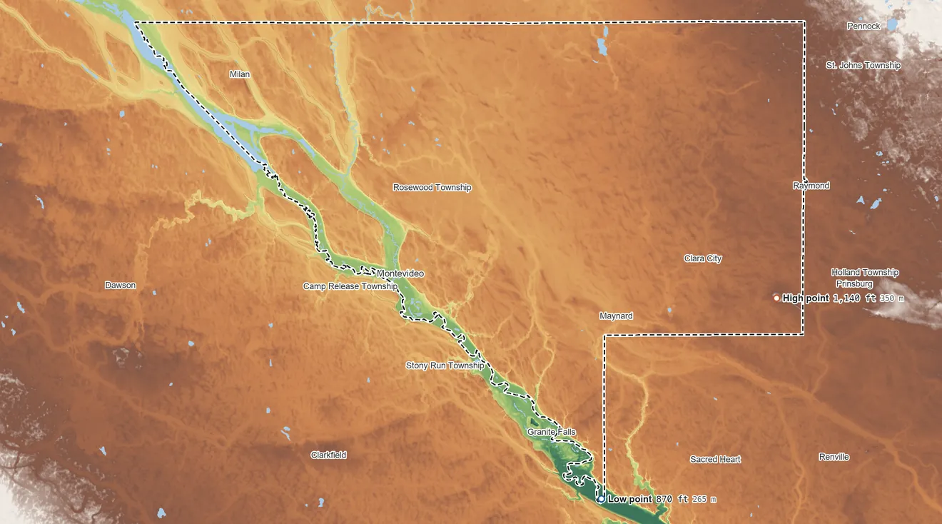 Topographic elevation map of Chippewa County, Minnesota, shaded from 870 ft on the southeast side to 1,140 ft on the east side