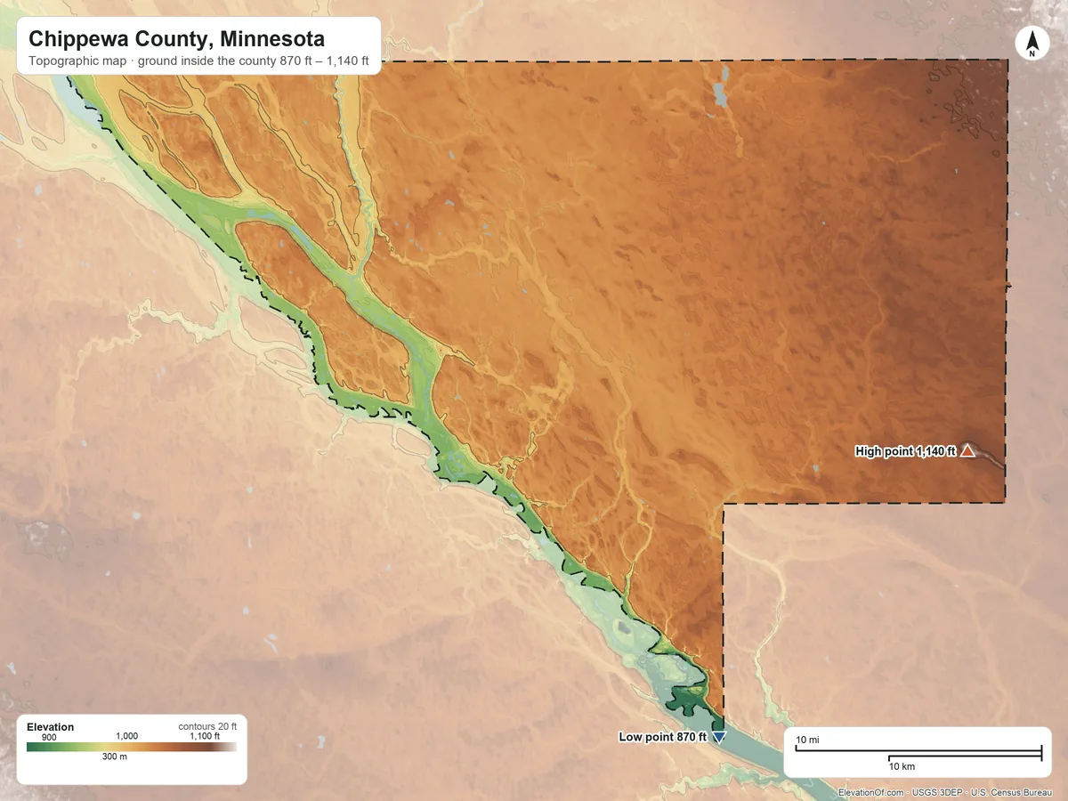 Topographic elevation map of Chippewa County, Minnesota, shaded from 870 ft on the southeast side to 1,140 ft on the east side