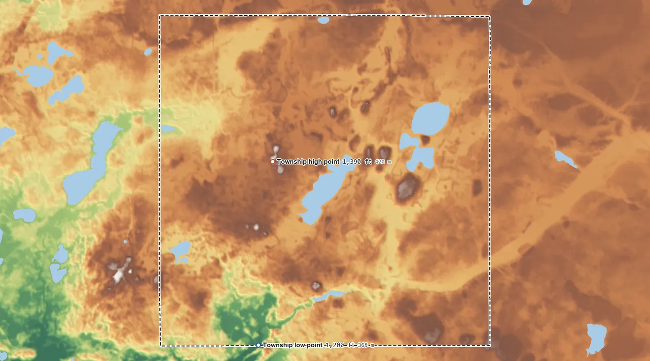 Topographic elevation map of Chippewa Falls Township, Minnesota, shaded from 1,200 ft on the south side to 1,390 ft near the middle