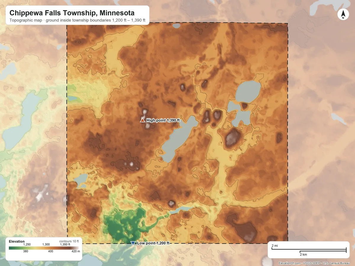 Topographic elevation map of Chippewa Falls Township, Minnesota, shaded from 1,200 ft on the south side to 1,390 ft near the middle