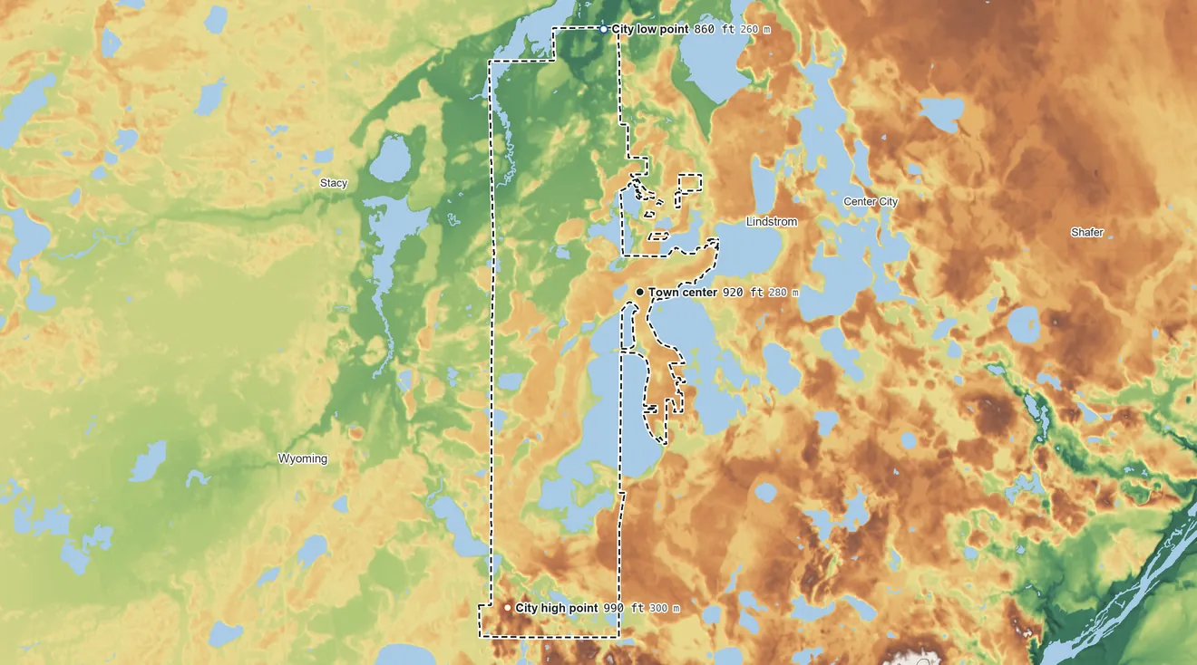 Topographic elevation map of Chisago City, Minnesota, shaded from 860 ft on the north side to 990 ft on the southwest side