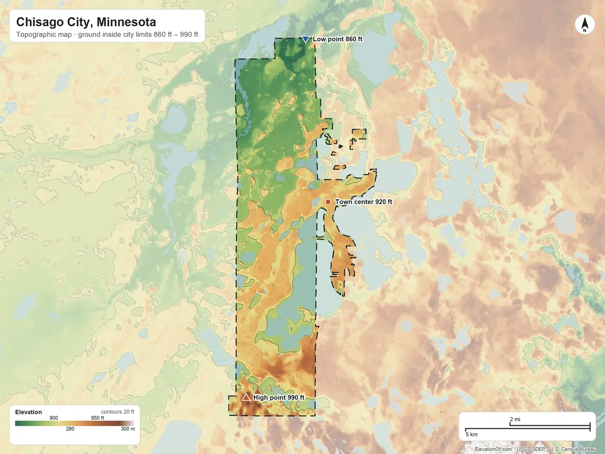 Topographic elevation map of Chisago City, Minnesota, shaded from 860 ft on the north side to 990 ft on the southwest side