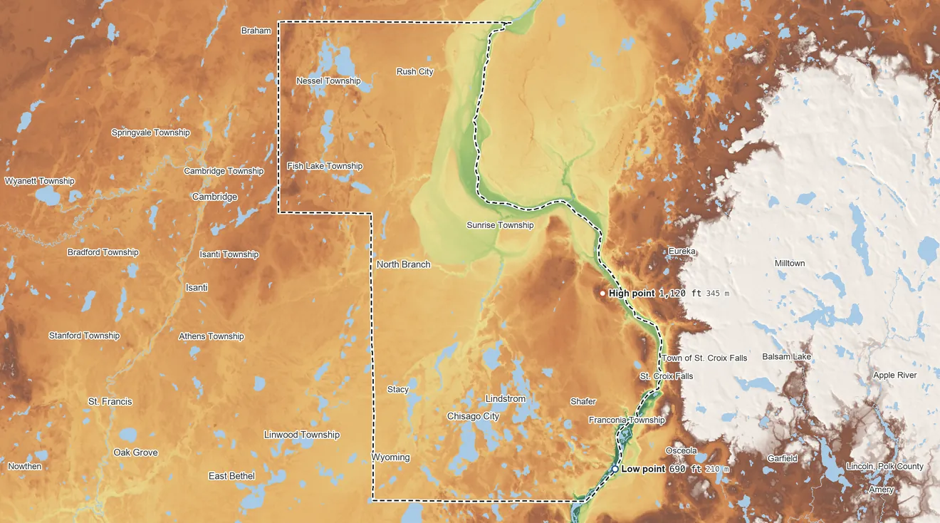 Topographic elevation map of Chisago County, Minnesota, shaded from 690 ft on the southeast side to 1,120 ft on the east side