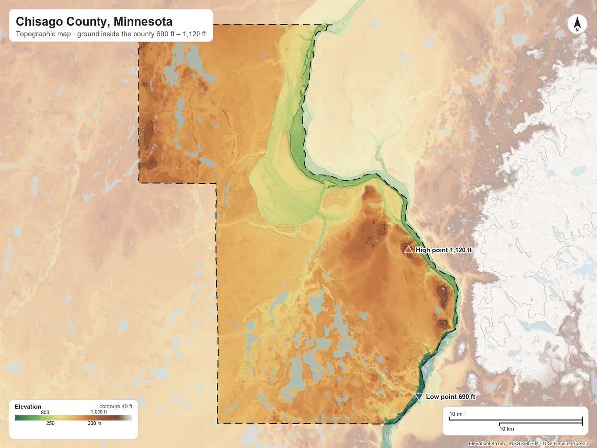 Topographic elevation map of Chisago County, Minnesota, shaded from 690 ft on the southeast side to 1,120 ft on the east side