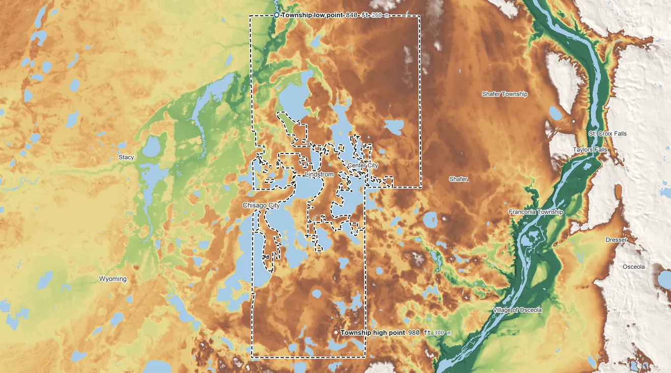 Topographic elevation map of Chisago Lake Township, Minnesota, shaded from 840 ft on the north side to 980 ft on the south side