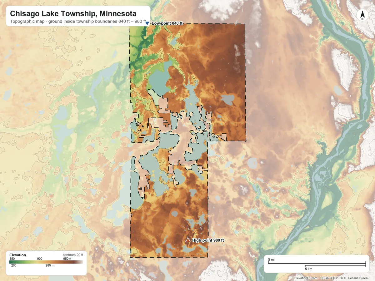 Topographic elevation map of Chisago Lake Township, Minnesota, shaded from 840 ft on the north side to 980 ft on the south side