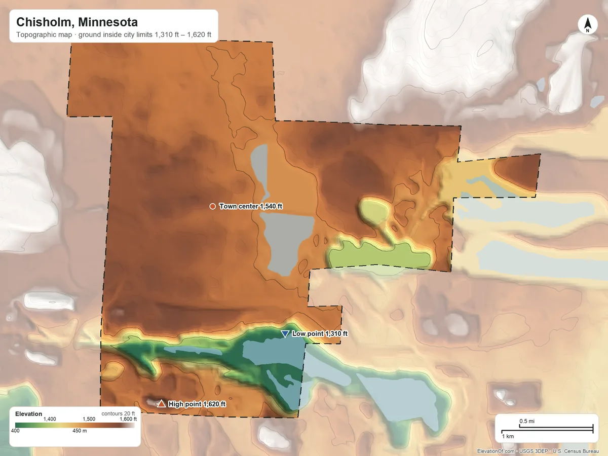 Topographic elevation map of Chisholm, Minnesota, shaded from 1,310 ft on the southeast side to 1,620 ft on the south side