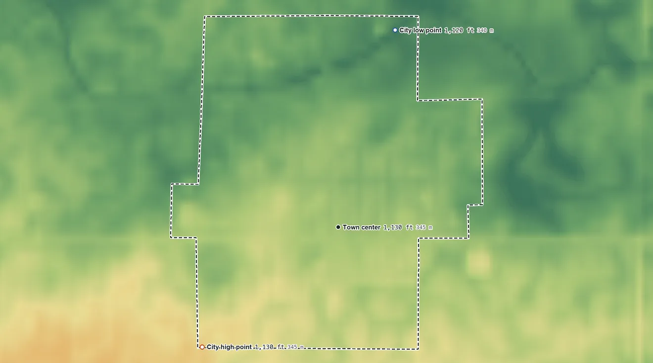 Topographic elevation map of Chokio, Minnesota, shaded from 1,120 ft on the north side to 1,130 ft on the southwest side