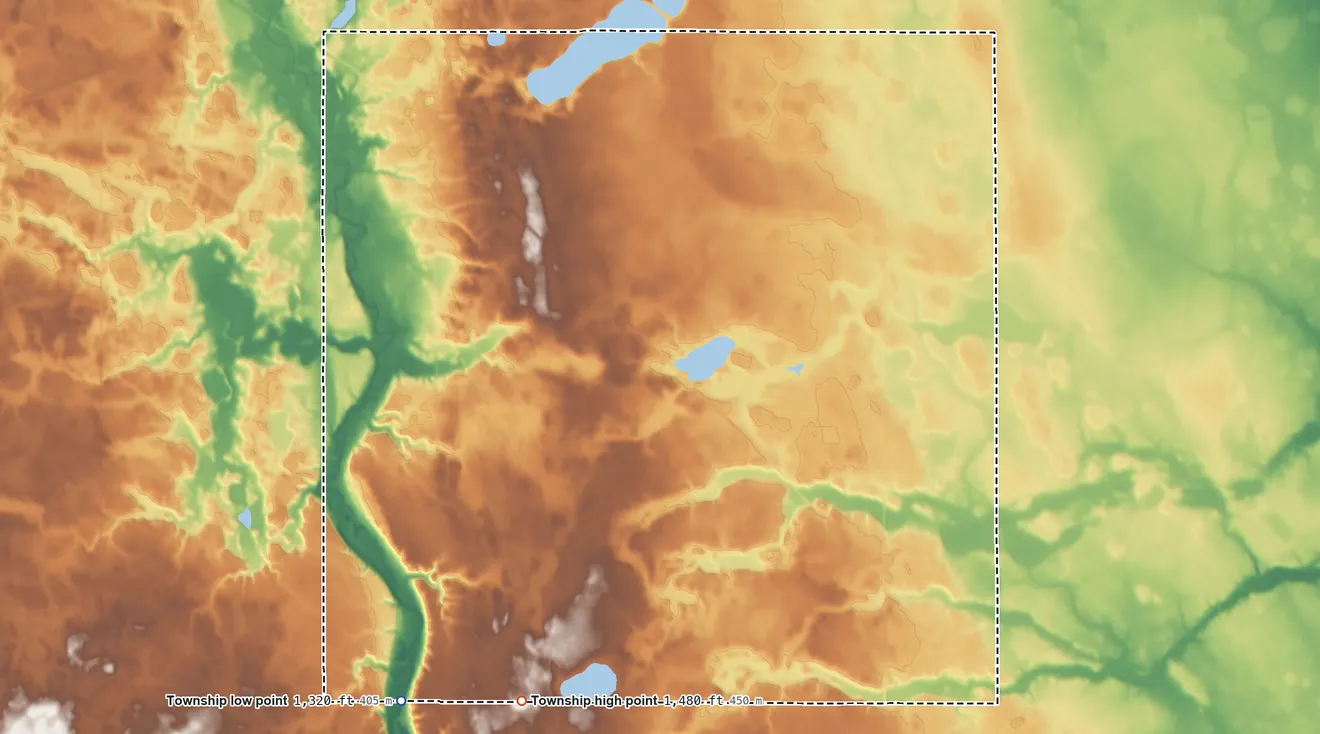 Topographic elevation map of Christiania Township, Minnesota, shaded from 1,320 ft on the southwest side to 1,480 ft on the south side