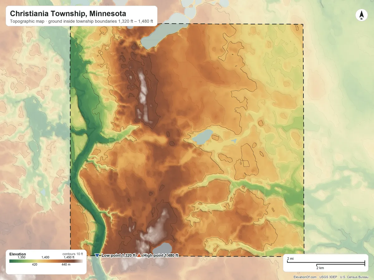 Topographic elevation map of Christiania Township, Minnesota, shaded from 1,320 ft on the southwest side to 1,480 ft on the south side