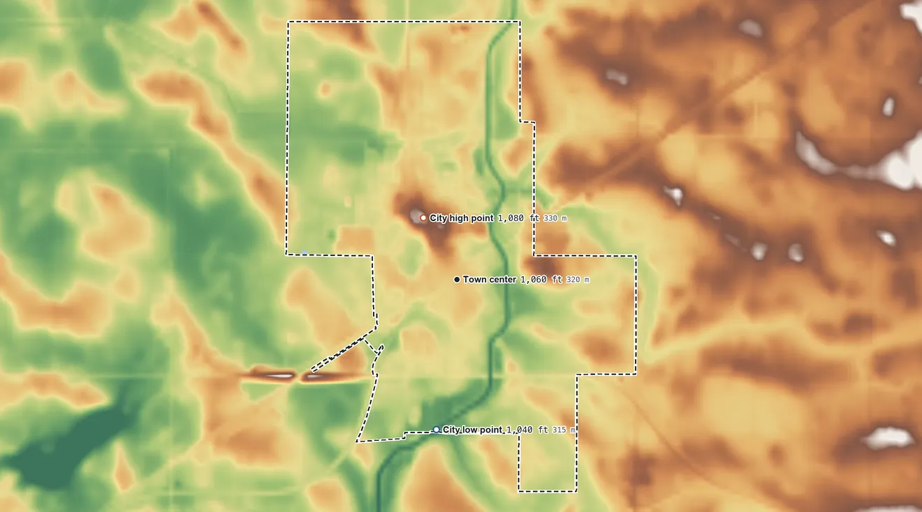 Topographic elevation map of Clara City, Minnesota, shaded from 1,040 ft on the south side to 1,080 ft on the northwest side
