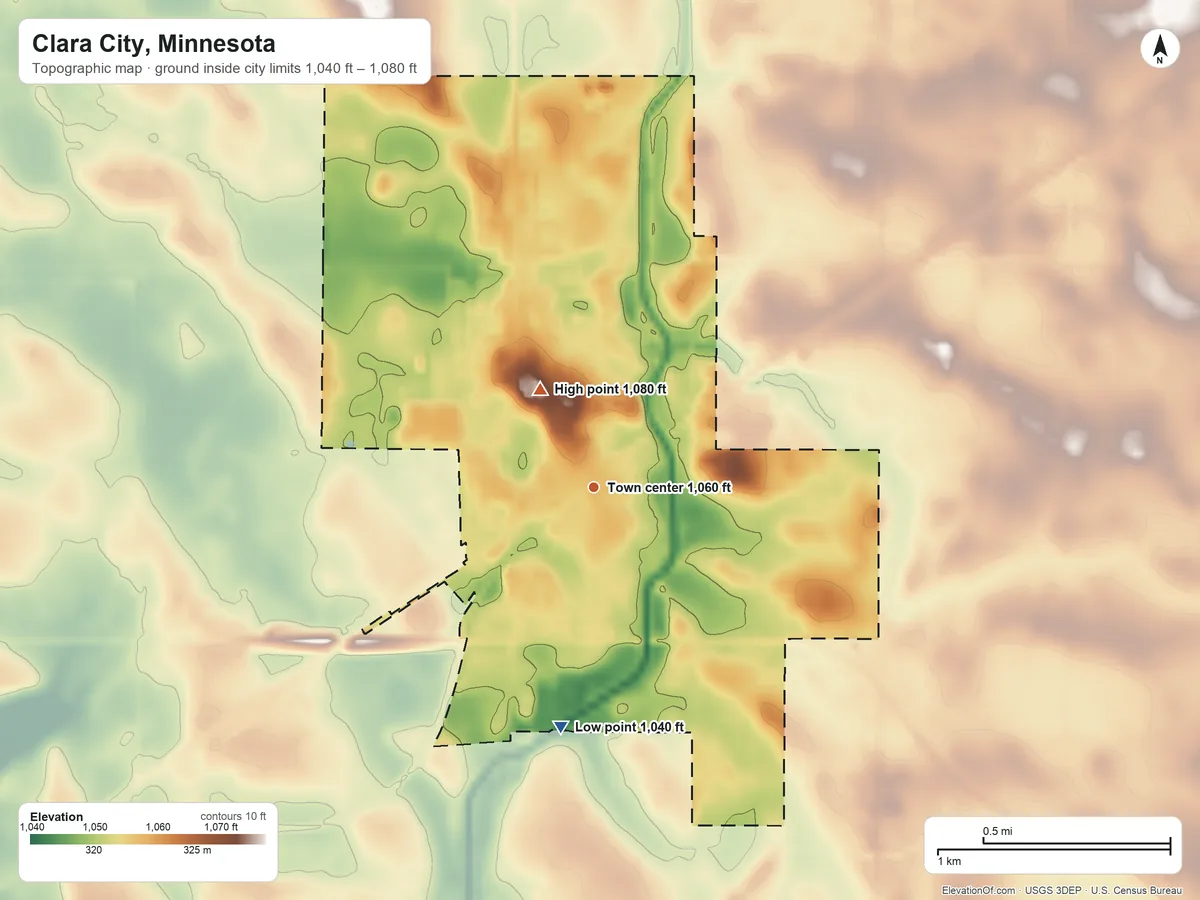 Topographic elevation map of Clara City, Minnesota, shaded from 1,040 ft on the south side to 1,080 ft on the northwest side