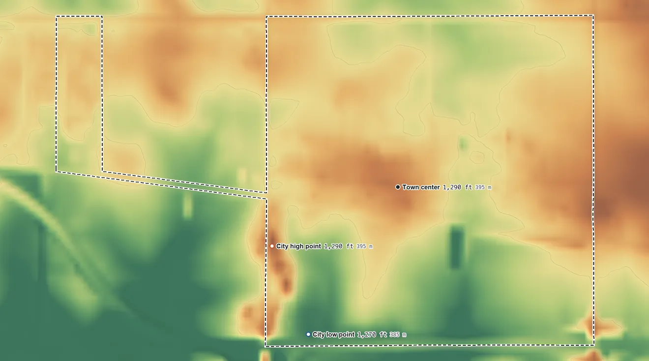 Topographic elevation map of Claremont, Minnesota, shaded from 1,270 ft on the southwest side to 1,290 ft on the southwest side