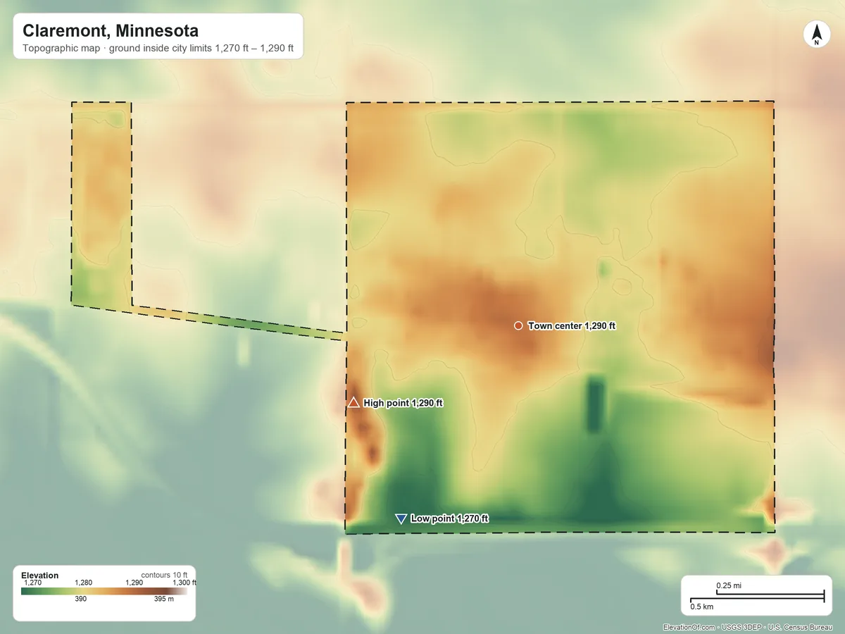 Topographic elevation map of Claremont, Minnesota, shaded from 1,270 ft on the southwest side to 1,290 ft on the southwest side