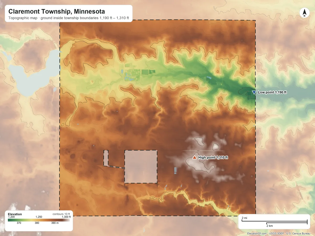 Topographic elevation map of Claremont Township, Minnesota, shaded from 1,190 ft on the northeast side to 1,310 ft on the southeast side
