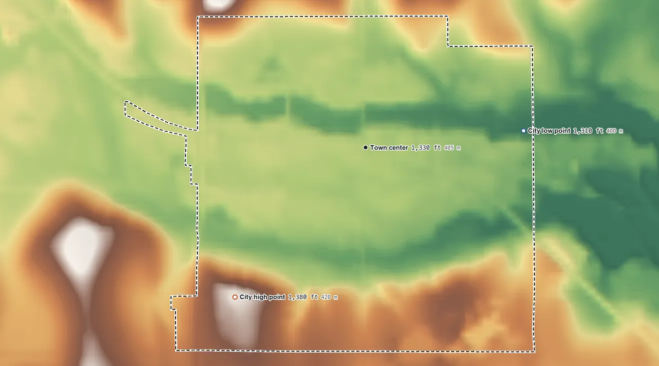 Topographic elevation map of Clarissa, Minnesota, shaded from 1,310 ft on the east side to 1,380 ft on the southwest side