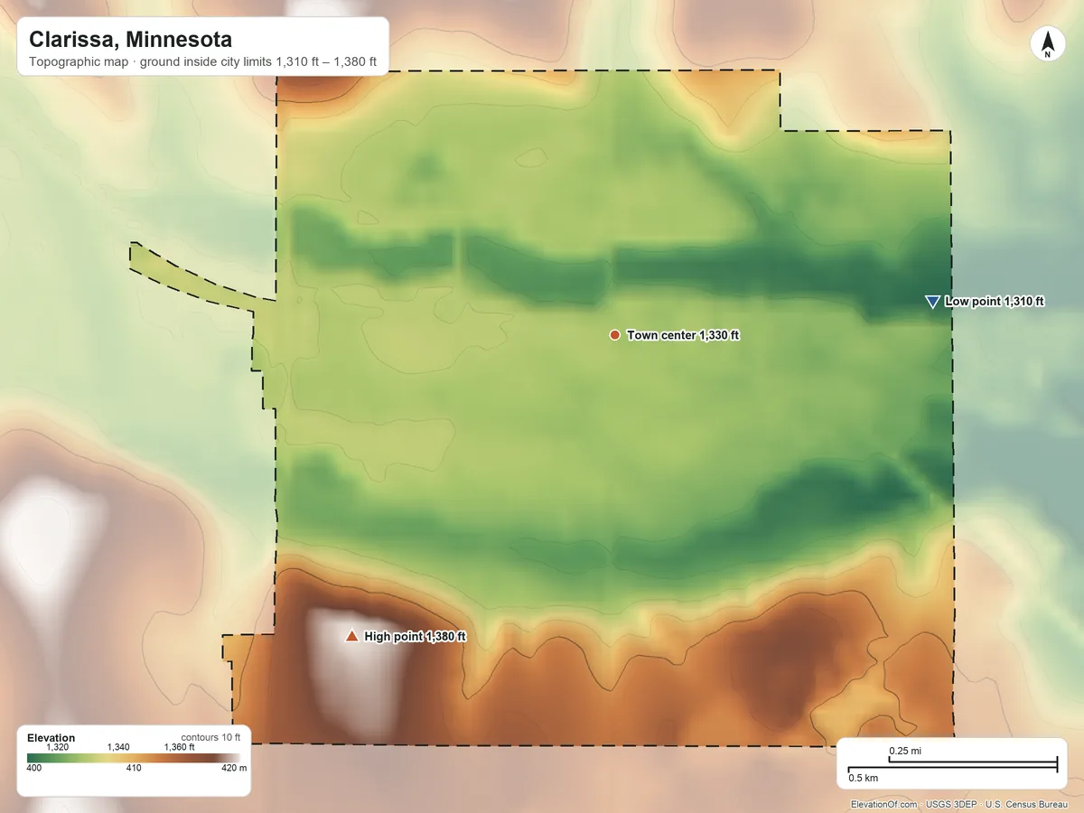 Topographic elevation map of Clarissa, Minnesota, shaded from 1,310 ft on the east side to 1,380 ft on the southwest side