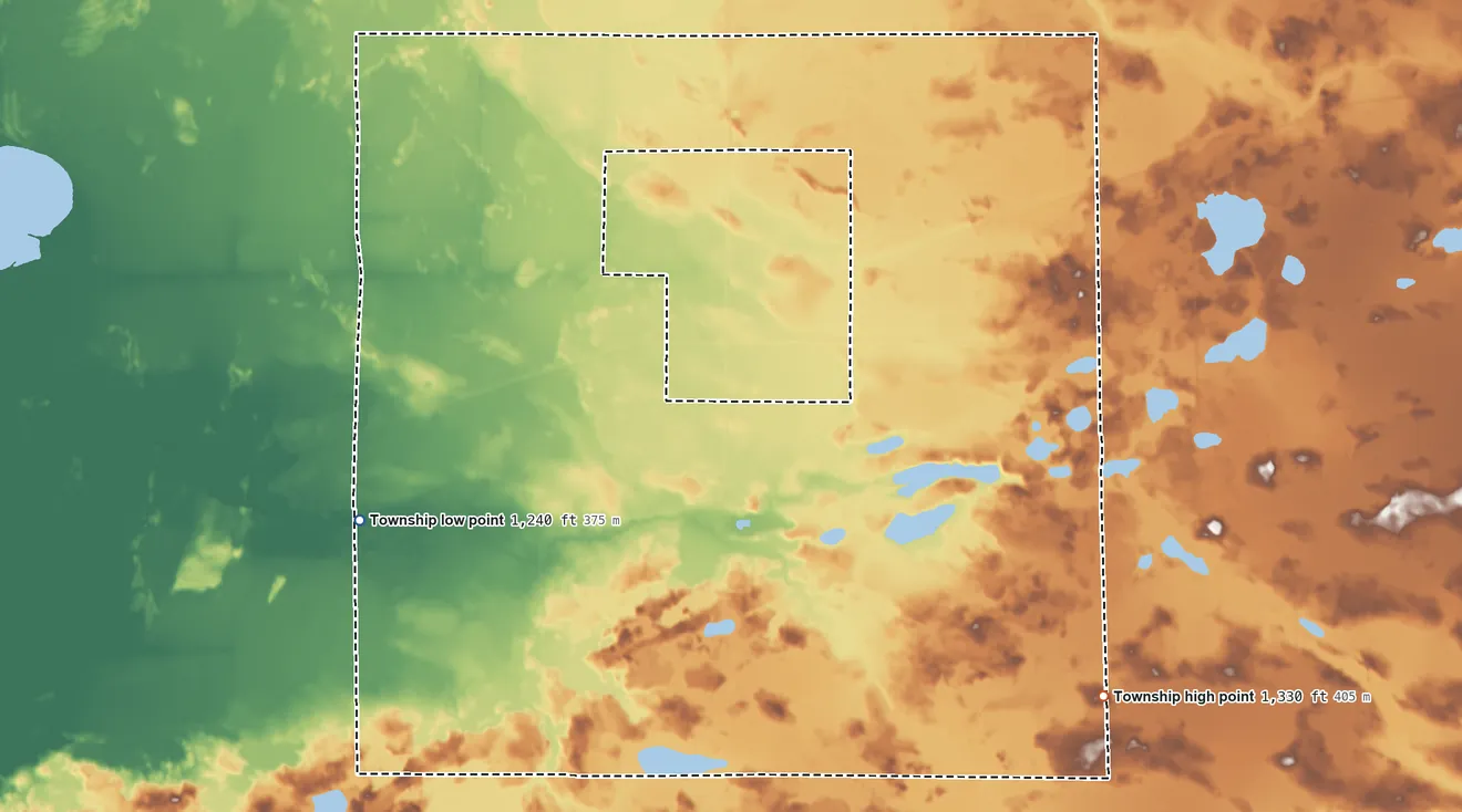 Topographic elevation map of Clark Township, Aitkin County, Minnesota, shaded from 1,240 ft on the west side to 1,330 ft on the southeast side