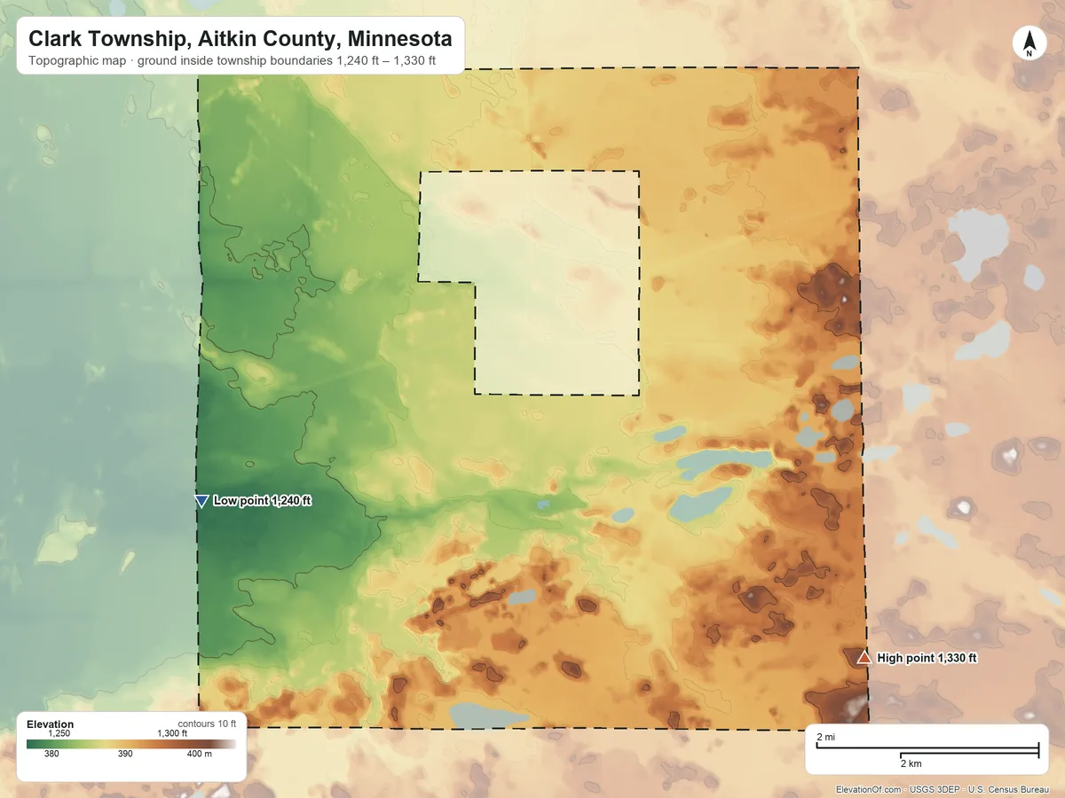 Topographic elevation map of Clark Township, Aitkin County, Minnesota, shaded from 1,240 ft on the west side to 1,330 ft on the southeast side