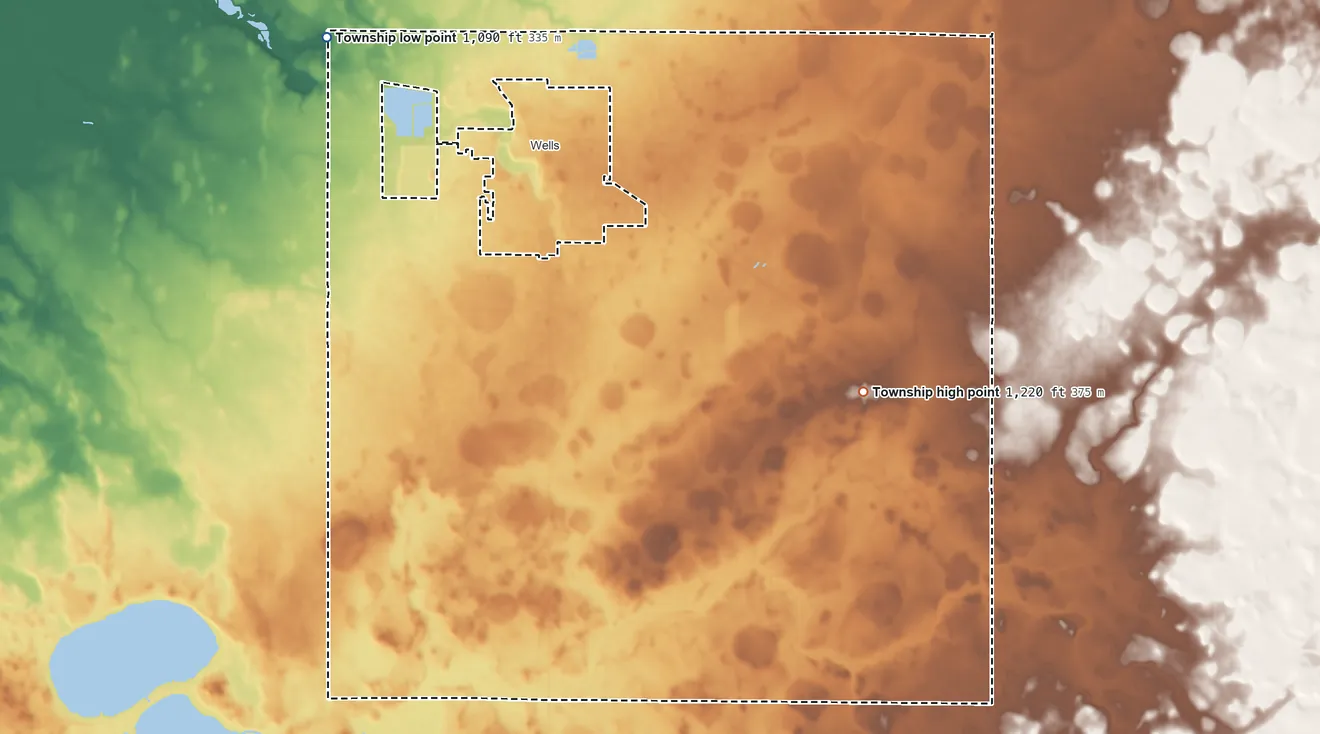 Topographic elevation map of Clark Township, Minnesota, shaded from 1,090 ft on the northwest side to 1,220 ft on the east side